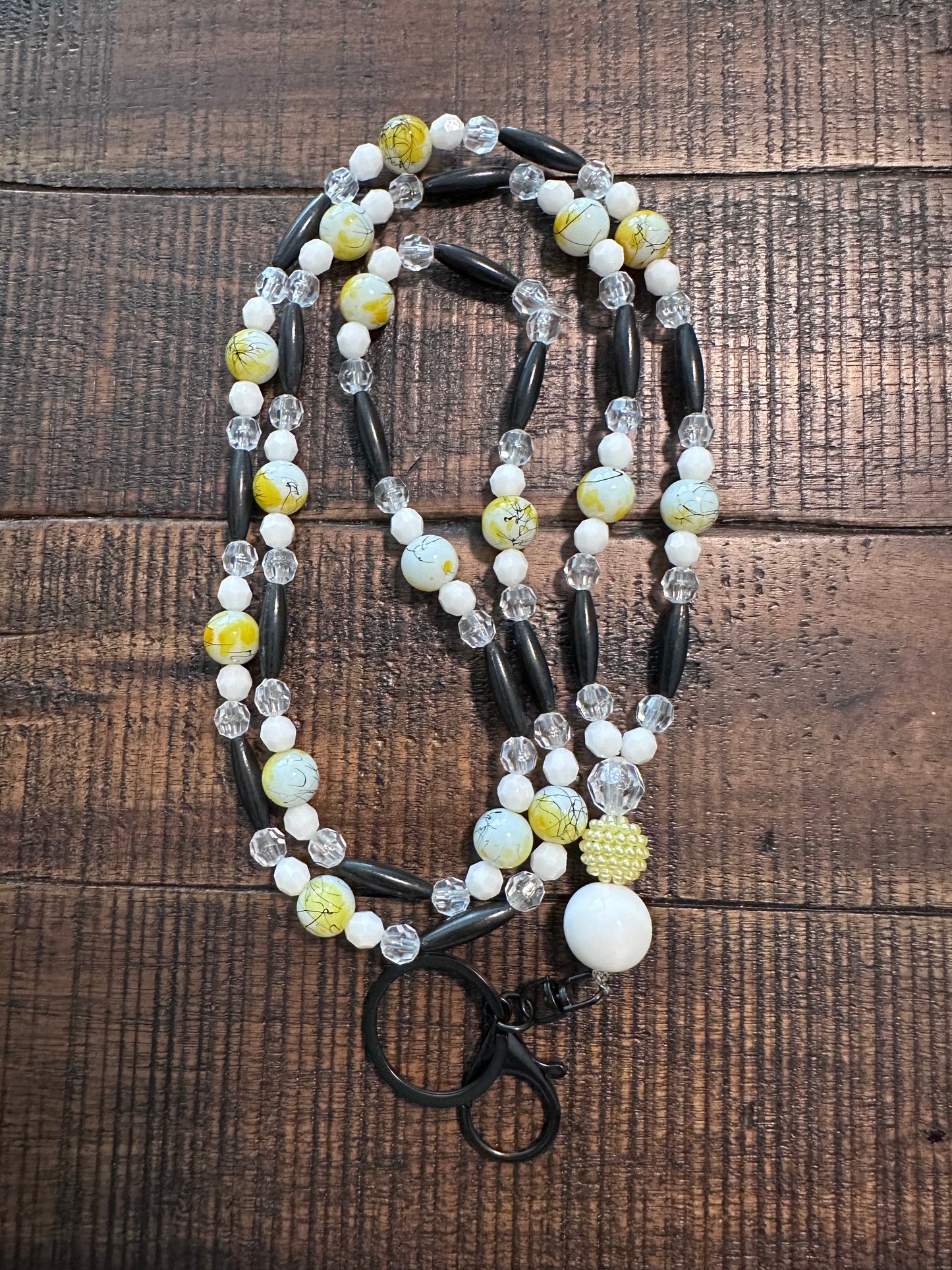 Beaded Set:  Fully Beaded Lanyard & Pen (White, Yellow, & Black)