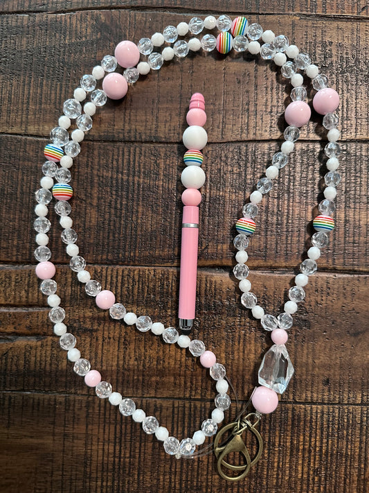 Beaded Set:  Fully Beaded Lanyard & Pen (Pink)