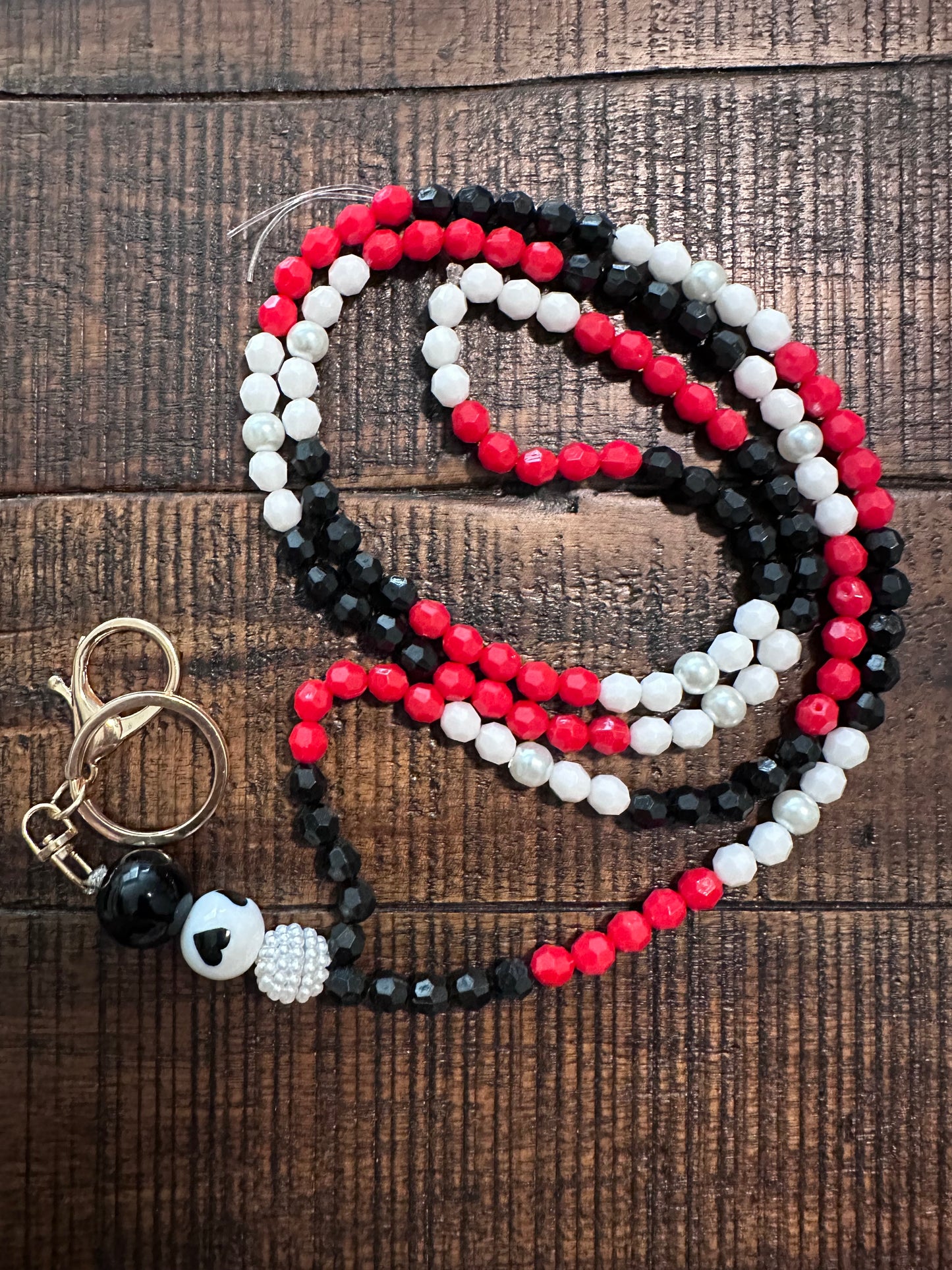 Beaded Set:  Fully Beaded Lanyard & Pen (White, Red, & Black)