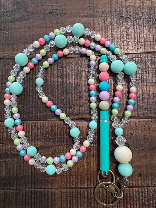 Beaded Set:  Fully Beaded Lanyard & Pen (Mint Green)