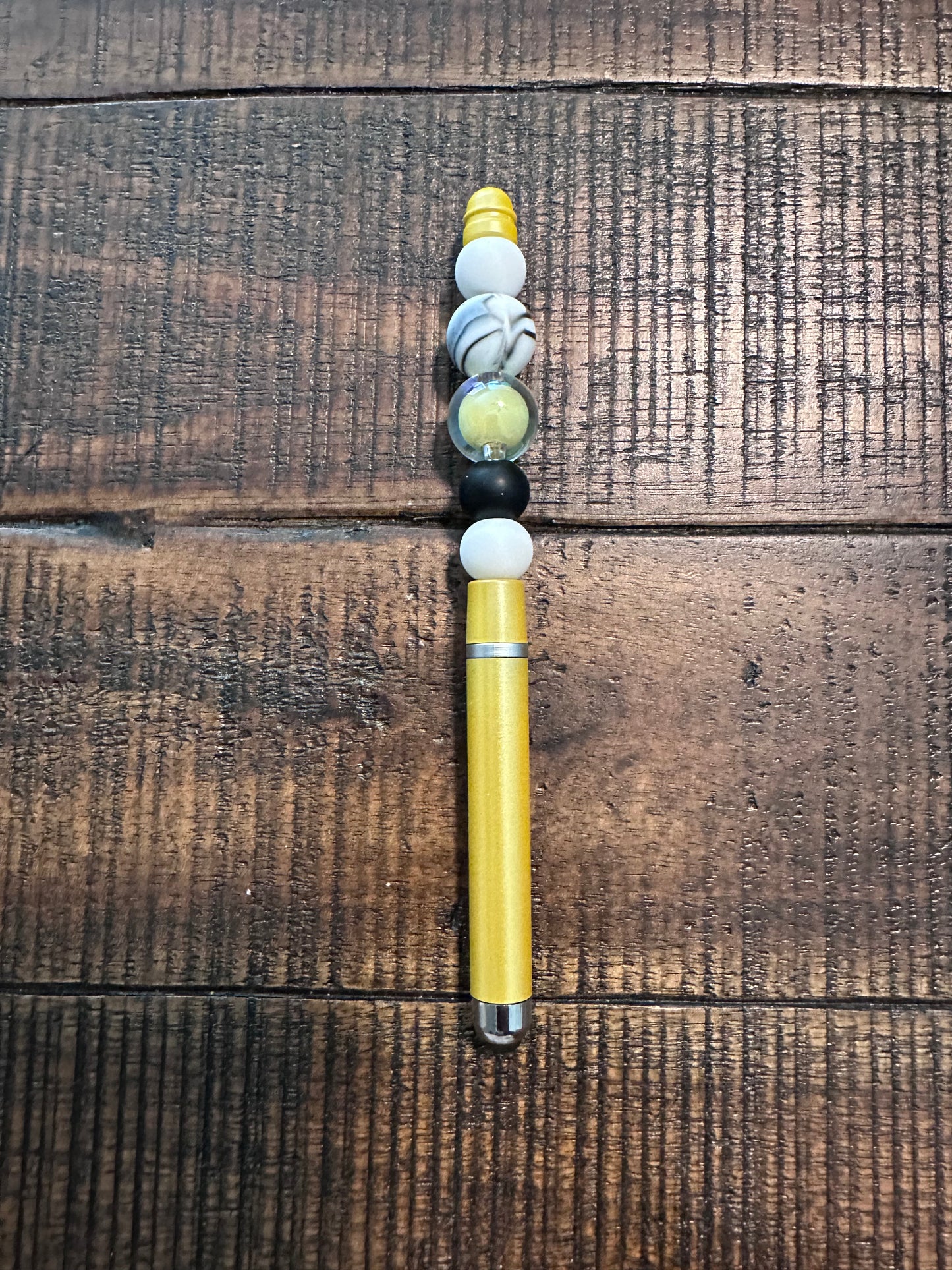 Beaded Set:  Fully Beaded Lanyard & Pen (White, Yellow, & Black)