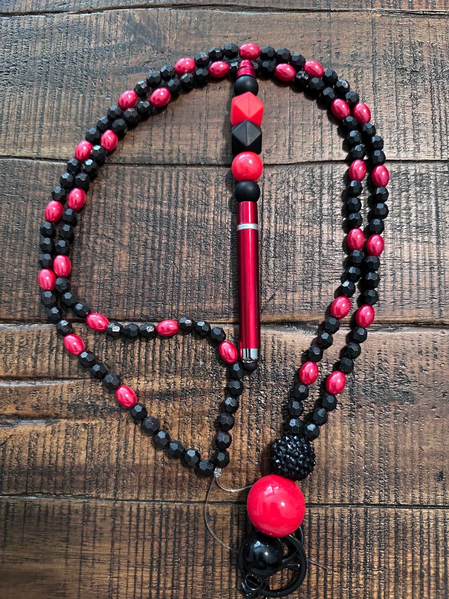Beaded Set:  Fully Beaded Lanyard & Pen (Red & Black)