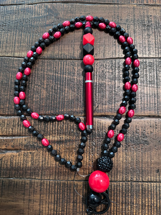 Beaded Set:  Fully Beaded Lanyard & Pen (Red & Black)