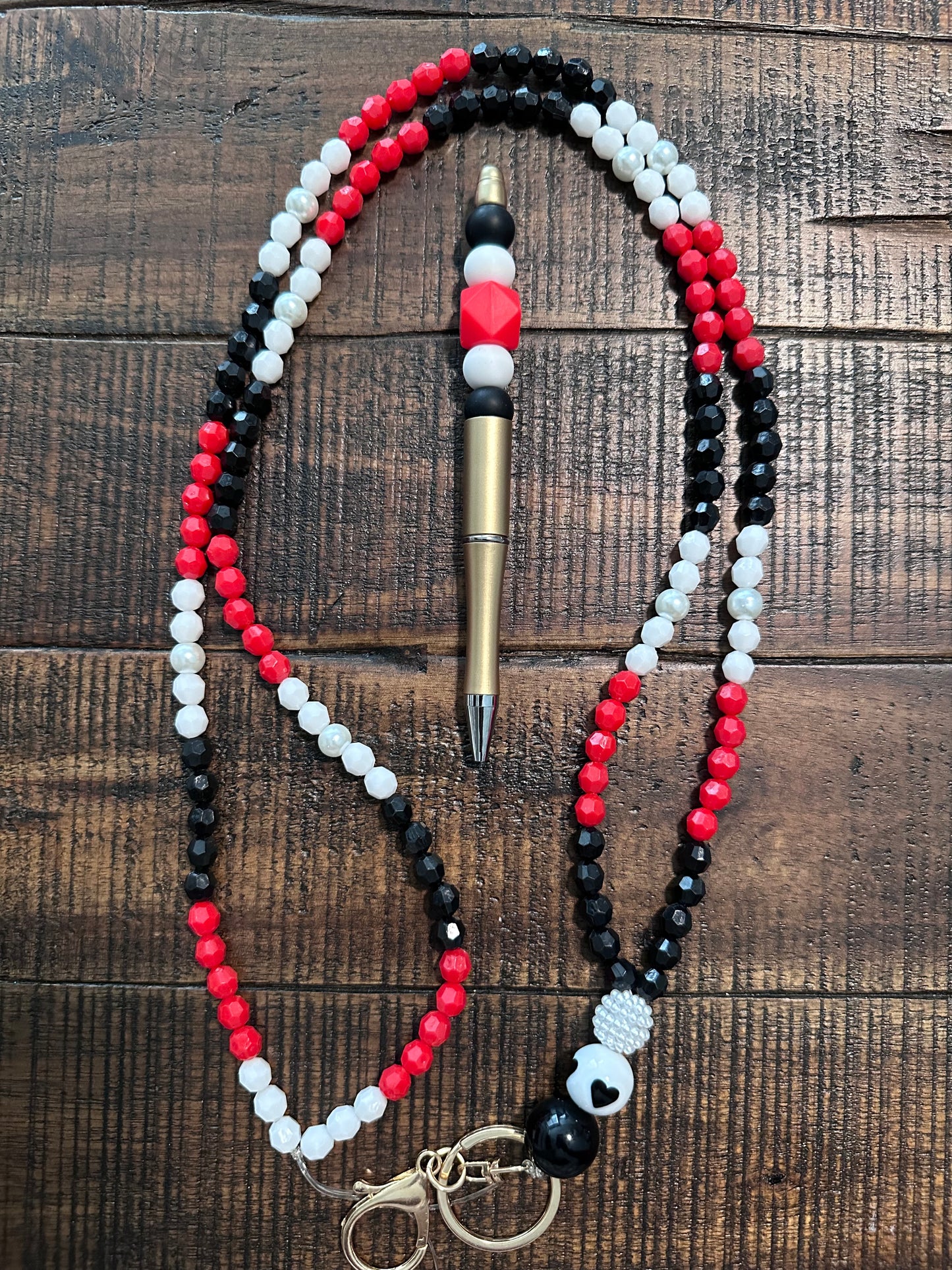 Beaded Set:  Fully Beaded Lanyard & Pen (White, Red, & Black)