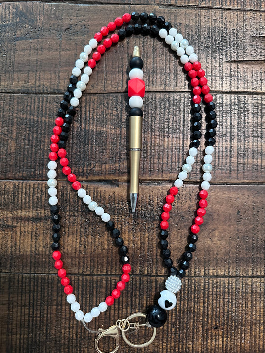 Beaded Set:  Fully Beaded Lanyard & Pen (White, Red, & Black)