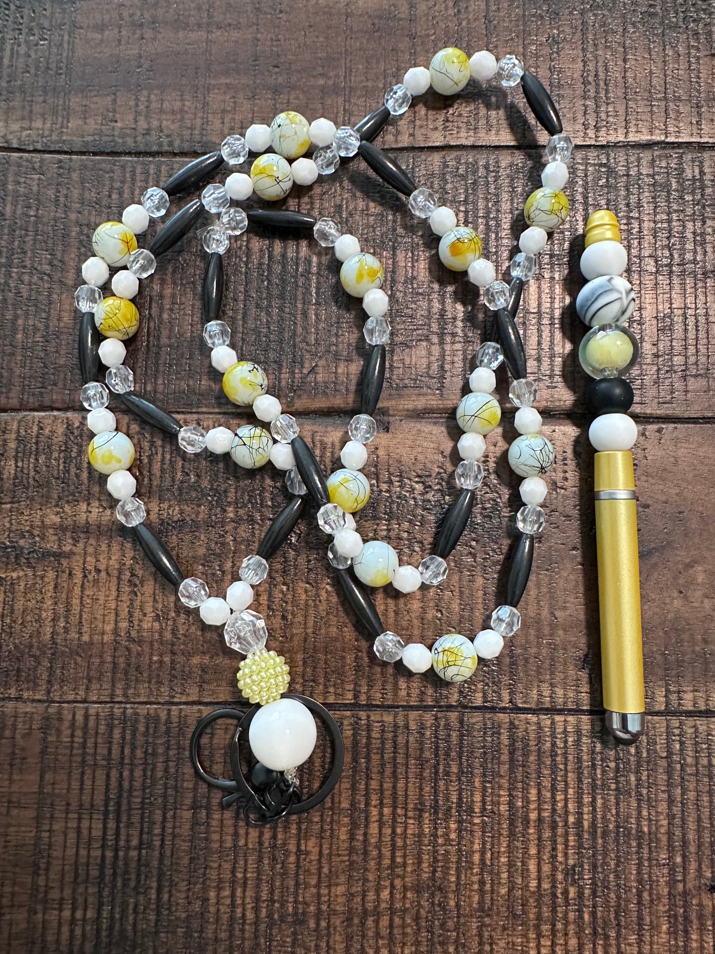 Beaded Set:  Fully Beaded Lanyard & Pen (White, Yellow, & Black)