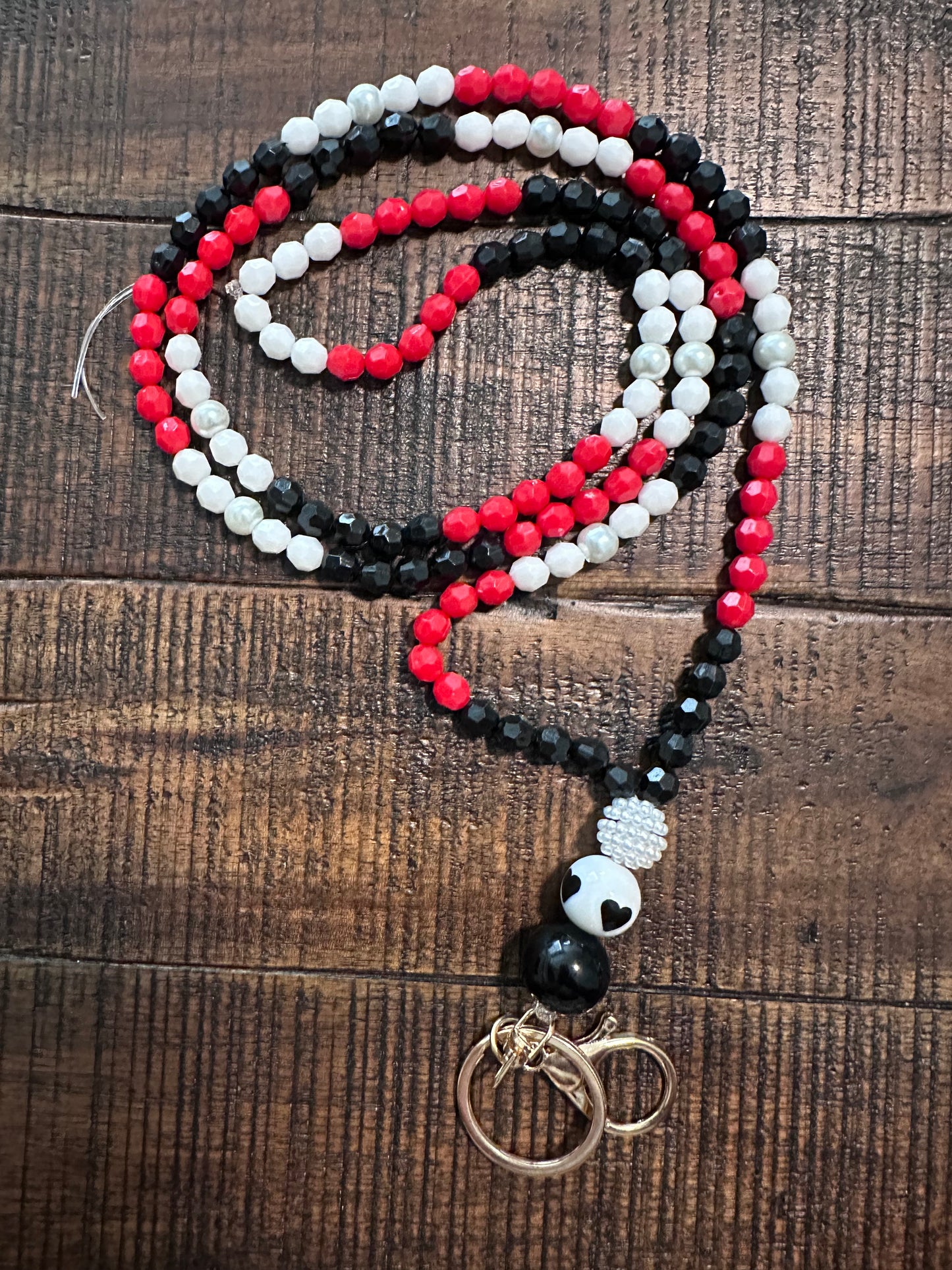 Beaded Set:  Fully Beaded Lanyard & Pen (White, Red, & Black)