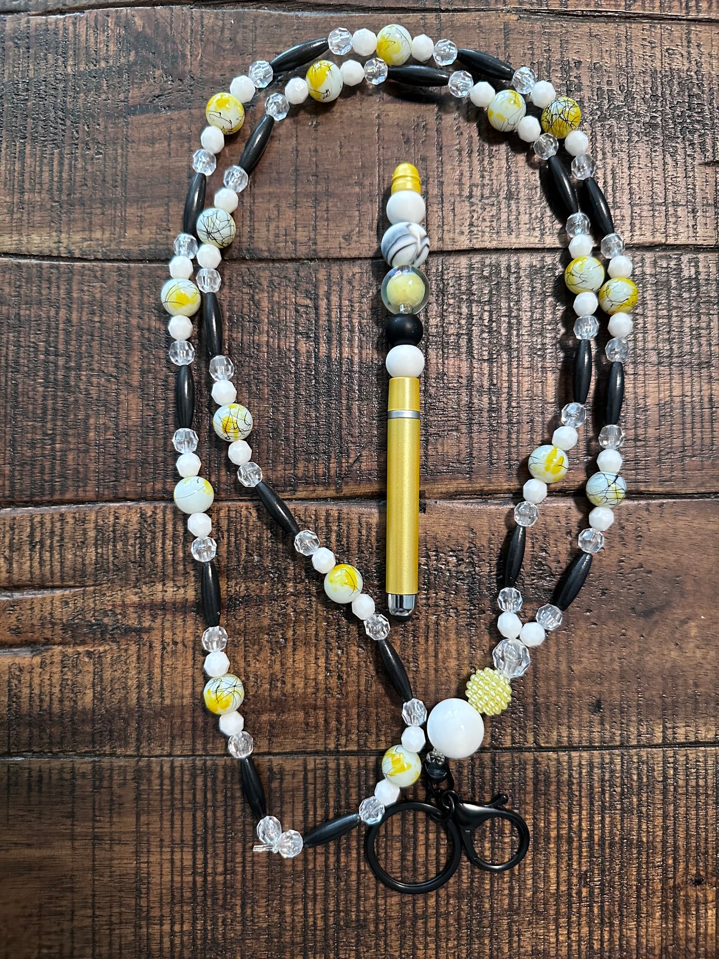 Beaded Set:  Fully Beaded Lanyard & Pen (White, Yellow, & Black)