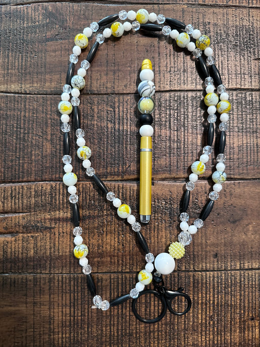 Beaded Set:  Fully Beaded Lanyard & Pen (White, Yellow, & Black)